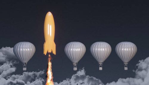 Startup team Rocket launching ahead of hot air balloons, symbolizing recruiting high-quality talent to accelerate startup growth and success