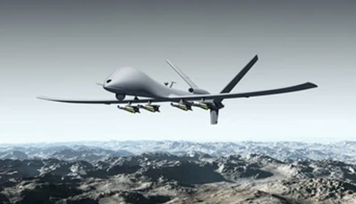 Surveillance drone Surveillance drone flying over mountainous terrain, equipped with precision-guided missiles, showcasing its advanced military capabilities.