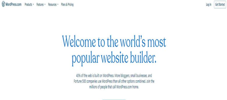 Website builders Wordpress homepage introducing one of the most popular website builders, highlighting its platform used by bloggers, businesses, and millions of websites worldwide.