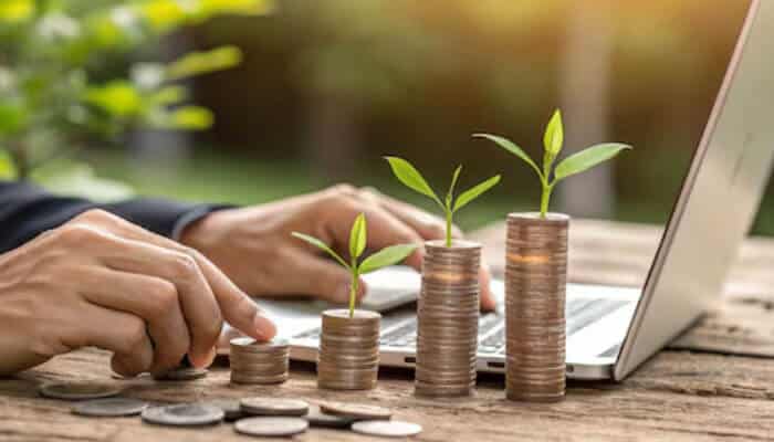 Micro lending | tycoonstory media Coins stacked with small plants growing beside a laptop, representing financial sustainability in a social enterprise model.