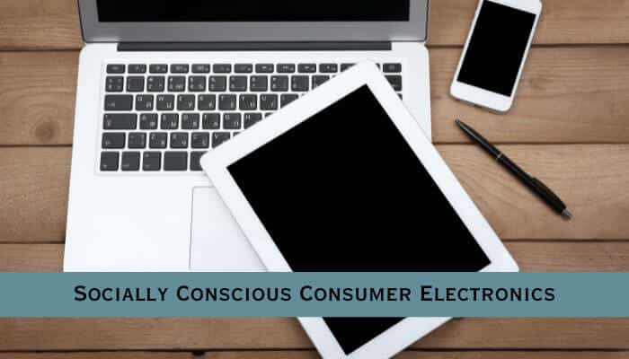 Socially conscious consumer electronics | tycoonstory media Tablet and laptop on desk labeled socially conscious consumer electronics, representing ethical tech from a social enterprise.
