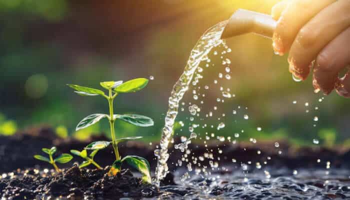 Sustainable water | tycoonstory media Hand watering a young plant in soil, illustrating sustainability and growth values of a social enterprise.