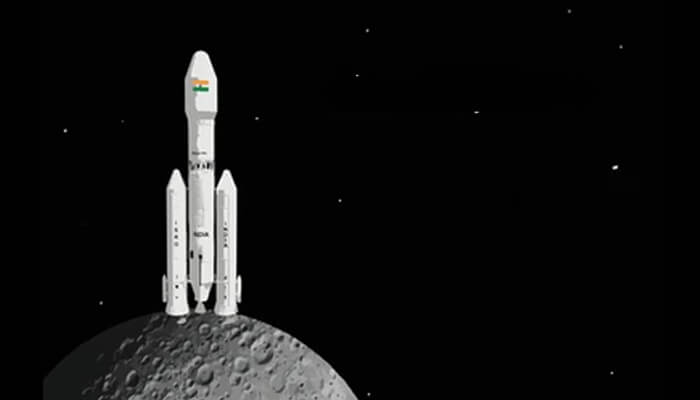 Isro Isro lunar rocket illustrated standing on the moon’s surface against a dark space background, representing advanced space exploration by isro.