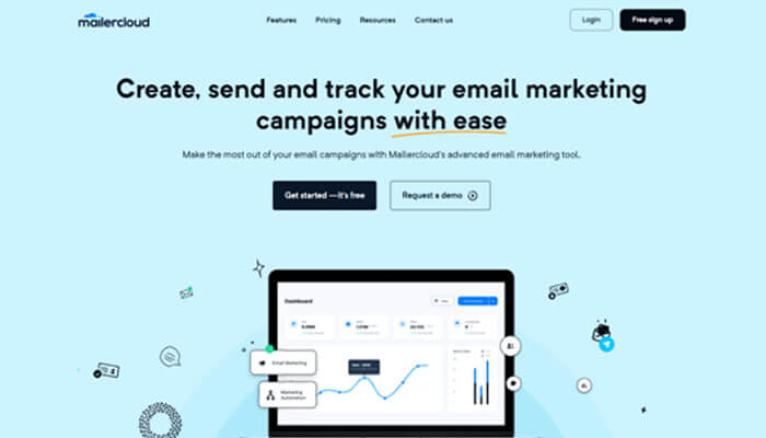 Mailercloud | tycoonstory media Hero section for an email marketing platform: headline focused on creating, sending and tracking campaigns with ease on a light blue background.