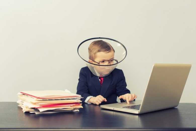 Resource websites for startups A young child dressed in a business suit wearing a protective cone collar while working on a laptop at a desk with a stack of files.