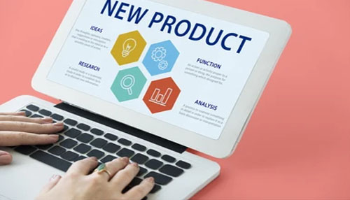 Launching new product Planning and analysis process for a new product or service displayed on a laptop screen with research and marketing icons