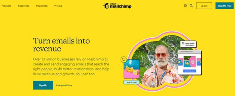 Mailchimp Mailchimp email marketing platform homepage showing “turn emails into revenue” with campaign tools, automation features, and signup options for businesses.