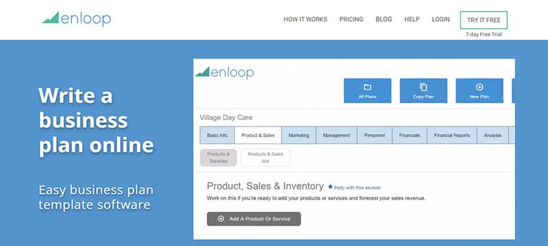 Enloop - tycoonstory | tycoonstory media Enloop website showing the easy-to-use business plan template software for writing business plans online. The interface displays a product and sales section for a daycare business plan.