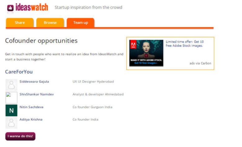 Ideaswatch for startup Ideaswatch platform displaying co-founder opportunities for entrepreneurs to connect and find the right partner for their startup journey.