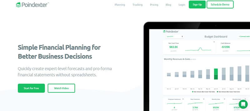 Poindexter - tycoonstory | tycoonstory media Poindexter website showcasing its financial planning software with a budget dashboard for creating expert-level forecasts and financial statements without using spreadsheets.