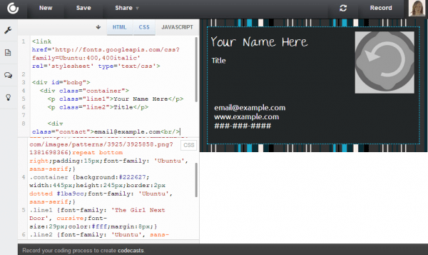 Cssdeck Screenshot of the liveweave editor displaying html and javascript code using the three. Js library to render a light blue 3d cube in the live preview panel.