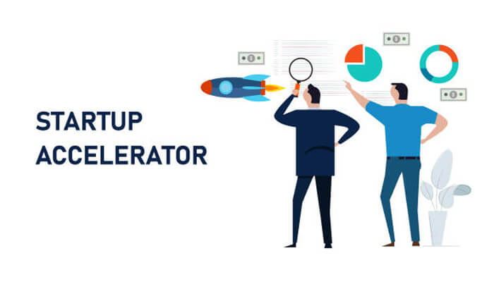 Startup accelerators for social media Startup accelerators illustration showing two professionals analyzing data and growth metrics, with a rocket symbolizing business expansion.