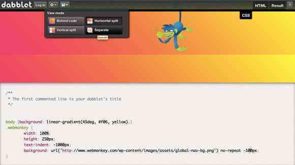 Dabblet Screenshot of the js bin online editor showing html and a css panel dropdown menu where less is selected, indicating preprocessor support.