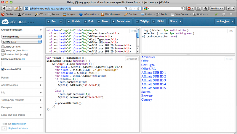 Jsfiddle Screenshot of the codepen online coding tool interface, showing split panels for html and css code snippets.