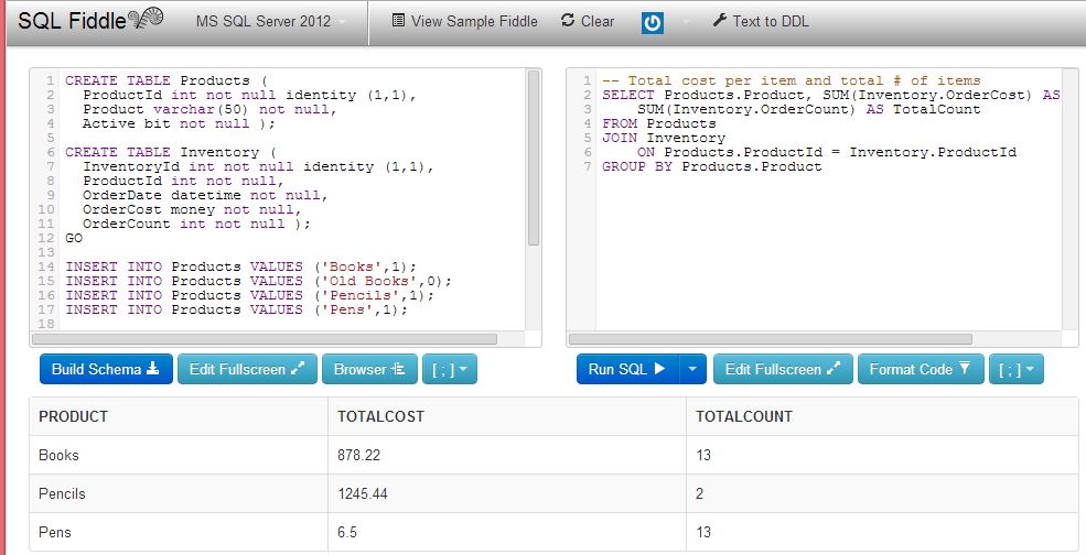 Sqlfiddle-tycoonstory | tycoonstory media Screenshot of sql fiddle showing two panels for ddl (data definition language) and sql queries, and a result table showing product counts and total costs.