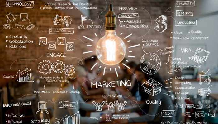 Startup Creative marketing concept with a glowing lightbulb surrounded by strategy and planning sketches, representing solutions for startup challenges.