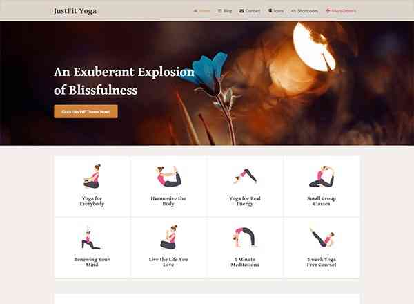 Justfit | tycoonstory media Wellness and yoga website theme with calming visuals, service icons, and class highlights