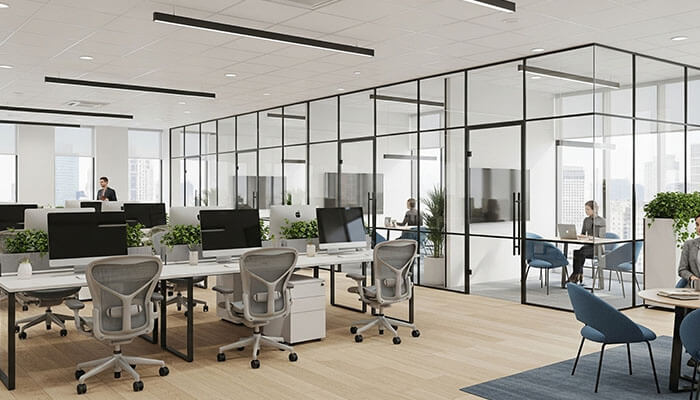 Semi-open office layout - startupeditor | tycoonstory media Modern office environment featuring open workstations, glass meeting rooms, and ergonomic seating