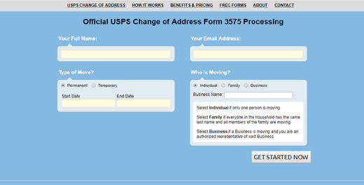 Change your address Official usps online form for changing address, showing fields for personal details and move type selection.