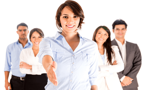 Employment agency Employment agency recruitment concept showing a business professional offering a handshake, representing staffing and hiring services.