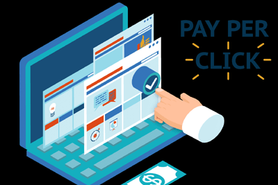 Pay per click - tycoonstory | tycoonstory media Illustration of a hand clicking on a digital ad on a laptop screen, representing pay-per-click advertising as part of seo and ppc strategies.