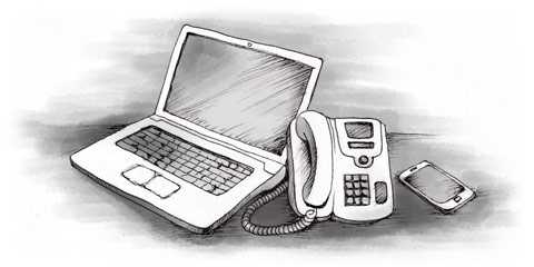 Telephone_internet - tycoonstory | tycoonstory media An illustration of a laptop, phone, and landline, symbolizing the diverse devices connected through broadband internet for communication and browsing.