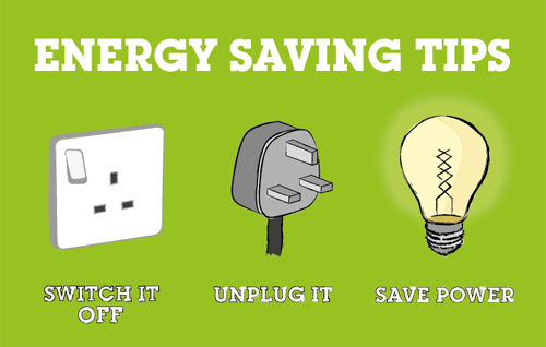 Energy saving Energy saving illustration showing switch it off, unplug it, and save power icons with a green background.