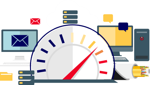 Ugrade bandwidth - tycoonstory | tycoonstory media Speed gauge and connected computer icons illustrating monitoring, optimization, and management of a business network.