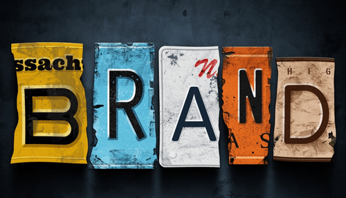 Answering services Creative collage of license plate pieces arranged to spell the word “brand,” symbolizing marketing and identity.