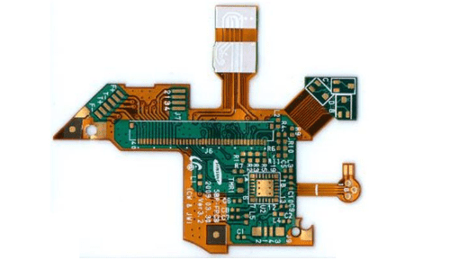 Regid flexible pcb board -tycoonstory | tycoonstory media Multilayer electronic board with both rigid and flexible sections demonstrating the complex layout of rigid flex pcbs.