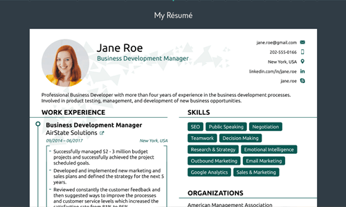 Personal statement A screenshot of a digital resume titled "my résumé" for "jane roe, business development manager. " the resume includes a professional headshot, contact information (email, phone, location, linkedin, and a personal website/portfolio), a professional summary, work experience at airstate solutions, and a list of skills like seo, public speaking, and teamwork.