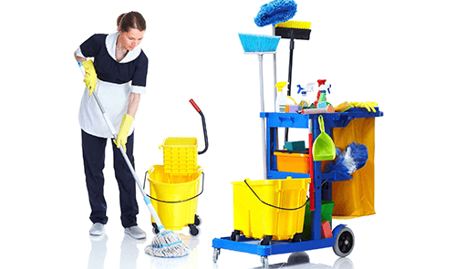 Cleaning service Professional cleaner using mop and cleaning trolley, showing why people choose to hire a cleaning service.