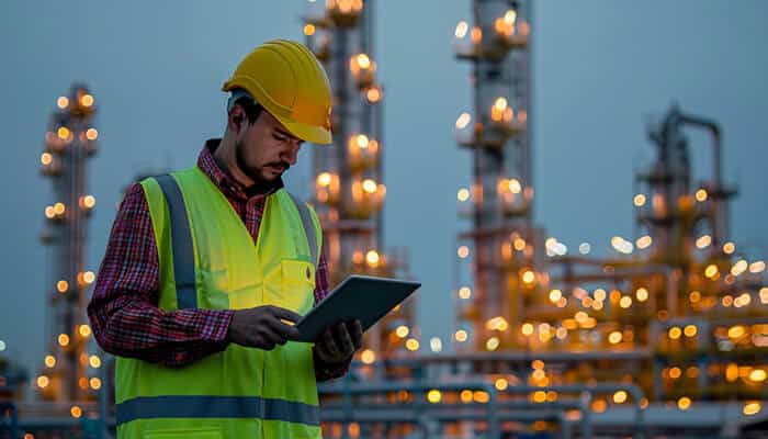 Digital transformation - tycoonstory | tycoonstory media Engineer in safety gear using a digital tablet at an illuminated refinery, showcasing modern technology in the oil and gas industry