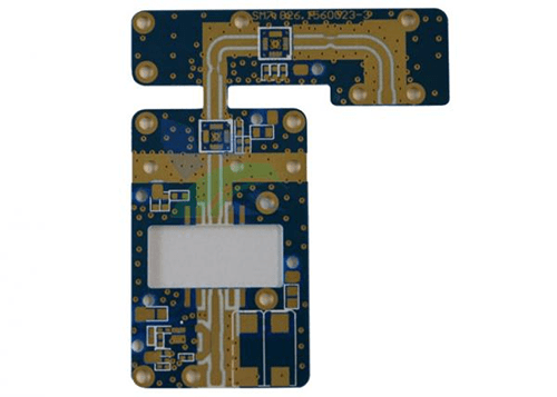 Laminating the pcb layer A small, specialized, oddly-shaped blue printed circuit boards (pcb) with gold-plated pads and complex trace routing.
