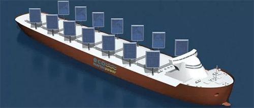 Auxiliary engines A conceptual eco-friendly cargo ship equipped with multiple solar-powered sail panels for sustainable marine propulsion.