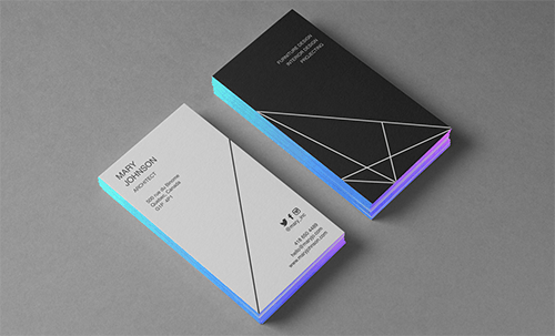 Laminating documents Modern business cards with sleek geometric designs placed on a flat surface.