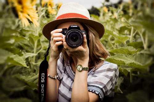Photographer Female photographer in a field taking pictures with a dslr camera, symbolizing travel photography as a job.