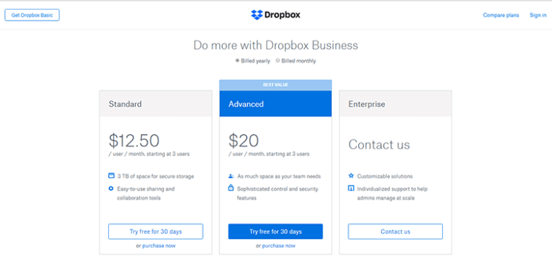Cloud storage providers Dropbox pricing plans comparison for business cloud storage providers including standard, advanced, and enterprise options.