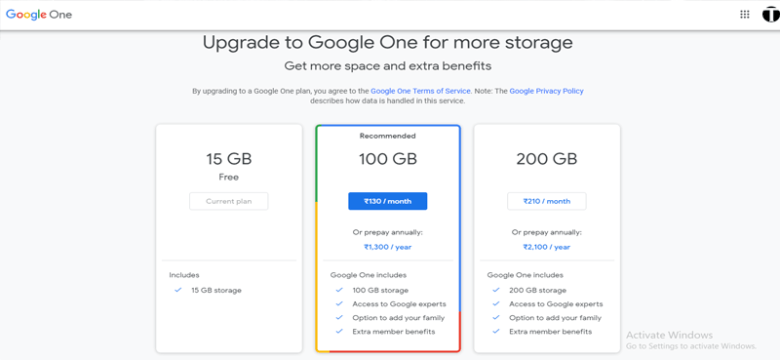 Google drive Google one pricing and storage upgrade plans displayed as cloud storage providers options.