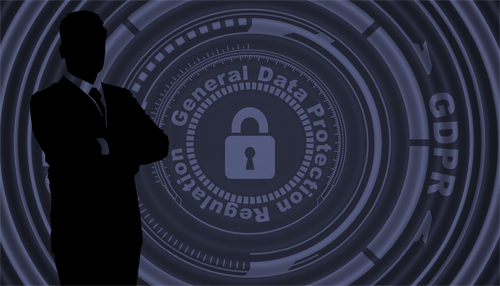 Password management Business data protection concept showing a secure digital lock interface with a professional silhouette symbolizing data security.
