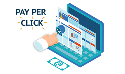 Ppc ads google results - tycoonstory | tycoonstory media Illustration of pay-per-click advertising dashboard with a clicking hand icon, explaining paid campaigns in seo vs ppc comparison.