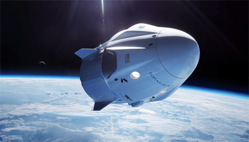 Crewed space missions Spacex spacecraft orbiting earth, representing cutting-edge tech trends in space exploration