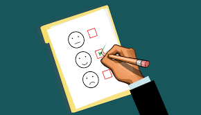 How to create an effective customer feedback form Hand selecting a rating on a customer feedback form with smiley faces, representing the collection of customer feedback.
