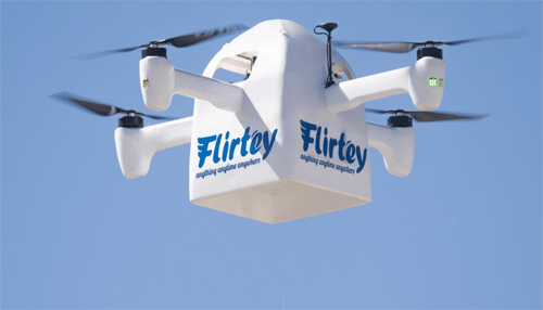 Flirtey - tycoonstory | tycoonstory media Drone with flirtey branding flying in the sky, representing innovative drone startup companies.