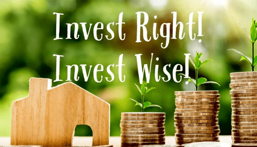 Investment - tycoonstory | tycoonstory media Wooden house symbol next to stacked coins with growing plants, accompanied by the text'Invest Right! Invest Wise!' emphasizing smart property investment.