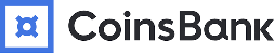 The logo for CoinsBank, featuring a blue, abstract, geometric icon in a white square with a blue border, next to the company name "CoinsBank" in dark grey, sans-serif text.