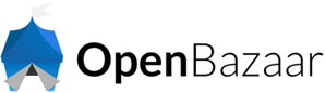 The logo for OpenBazaar, featuring a blue and grey circus tent icon with a white flag on top, next to the company name "OpenBazaar" in black, sans-serif text.