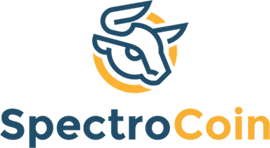 The logo for SpectroCoin, featuring a dark blue bull's head outline inside a golden yellow circle, above the company name "SpectroCoin" in blue and gold text.