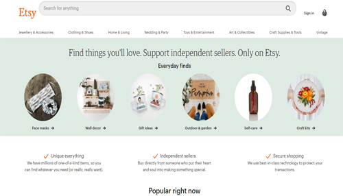 Etsy online store-tycoonstory | tycoonstory media Etsy homepage highlighting handmade and unique products, supporting independent sellers through online shopping.