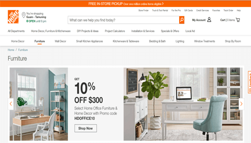 Home depot online store-tycoonstory | tycoonstory media Home depot furniture section displaying home office deals, emphasizing online shopping for home improvement.